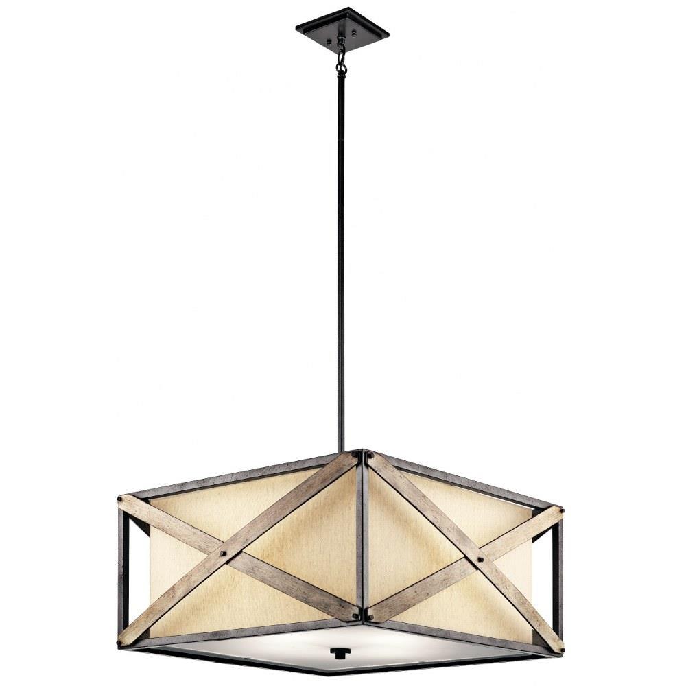 Kichler Cahoon 4-Light Anvil Iron Transitional Etched Glass Square Medium Hanging Pendant Light