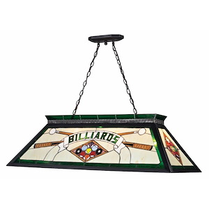 4 Light Tiffany Billiard Light with Pool Balls and Cue on Green and White Art Glass with Matte Black Frame. - 1259960