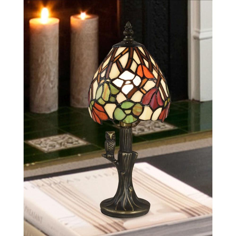 Small online Tiffany style stained glass table lamp with owl perched on tree trunk