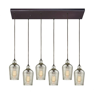 Hammered Glass - 6 Light Rectangular Pendant in Transitional Style with Coastal and Southwestern inspirations - 10 Inches tall and 30 inches wide - 613437