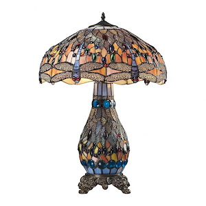 Dragonfly - Traditional Style w/ Victorian inspirations - Glass and Metal 2 Light Table Lamp - 26 Inches tall 18 Inches wide