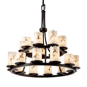 LumenAria Dakota - 21 Light 2-Tier Ring Chandelier with Cylinder/Broken Rim Faux Alabaster Shade