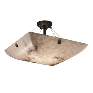 LumenAria Finials - 3 Light Semi-Flush Mount with Square Bowl Faux Alabaster Shade and Concentric Circles Finials