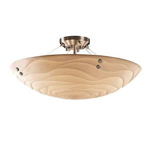 Porcelina Finials - 8 Light Semi-Flush Mount Round Bowl with Waves Faux Porcelain Shade and Cylinderical Finials