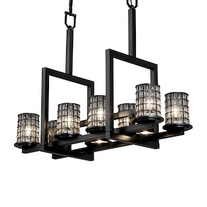 Wire Glass Dakota - 8 Light Up and 3 Downlight Bridge Chandelier with Cylinder Flat Rim Shape Grid with Clear Bubble Wire Glass Shades - 1036847