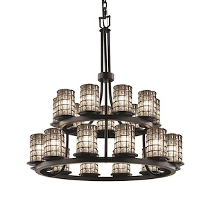Wire Glass Dakota - 21 Light 2-Tier Ring Chandelier with Cylinder Flat Rim Shape Grid with Clear Bubble Wire Glass Shades - 1036862