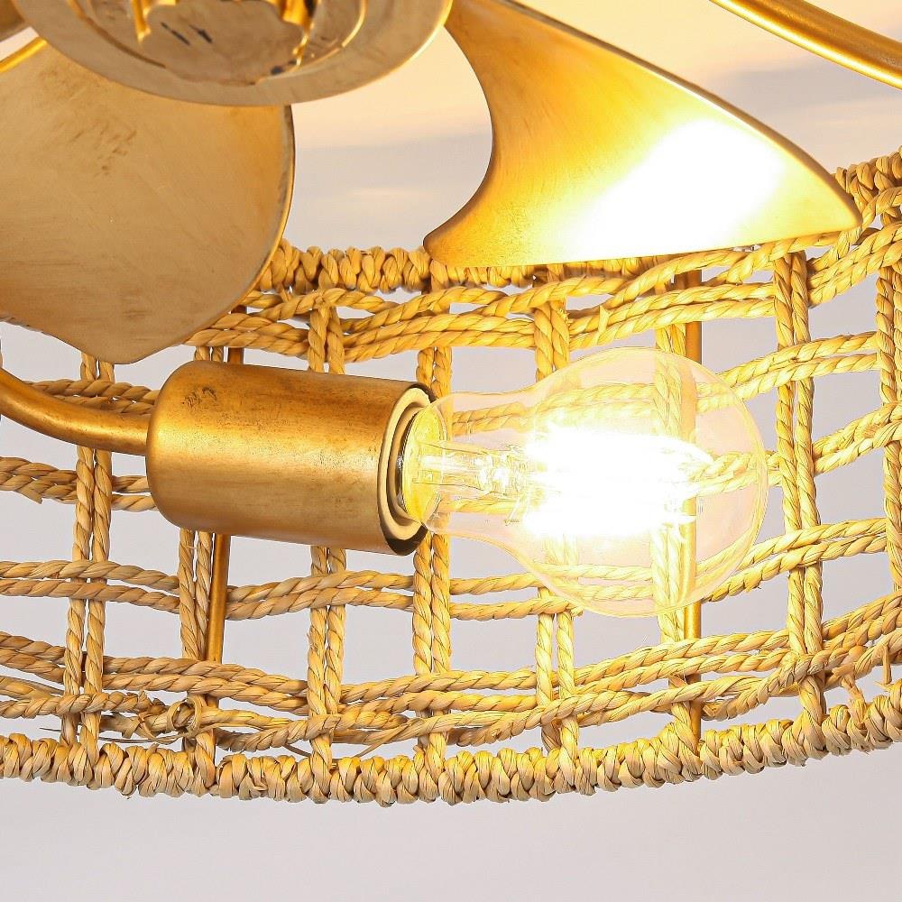 5 Blade Rattan Flush Ceiling Fan with Light Kit-7.7 Inch Tall and 17.8 Inch Wide