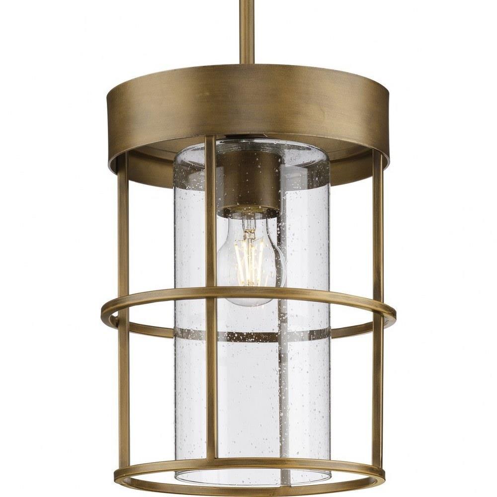 Progress Lighting Burgess 5-Light Aged Bronze Rustic Seeded Glass Cylinder Medium Hanging Pendant Light